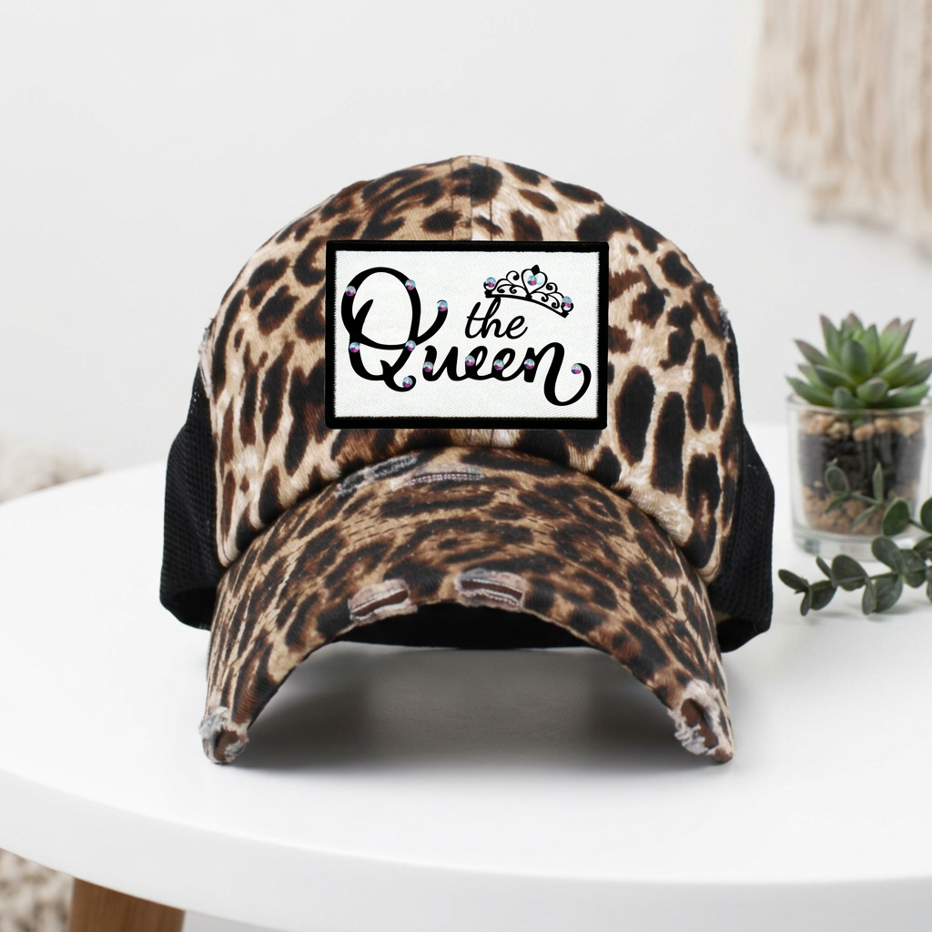 Queen Rhinestone Graphic Patch Leopard Print Cap