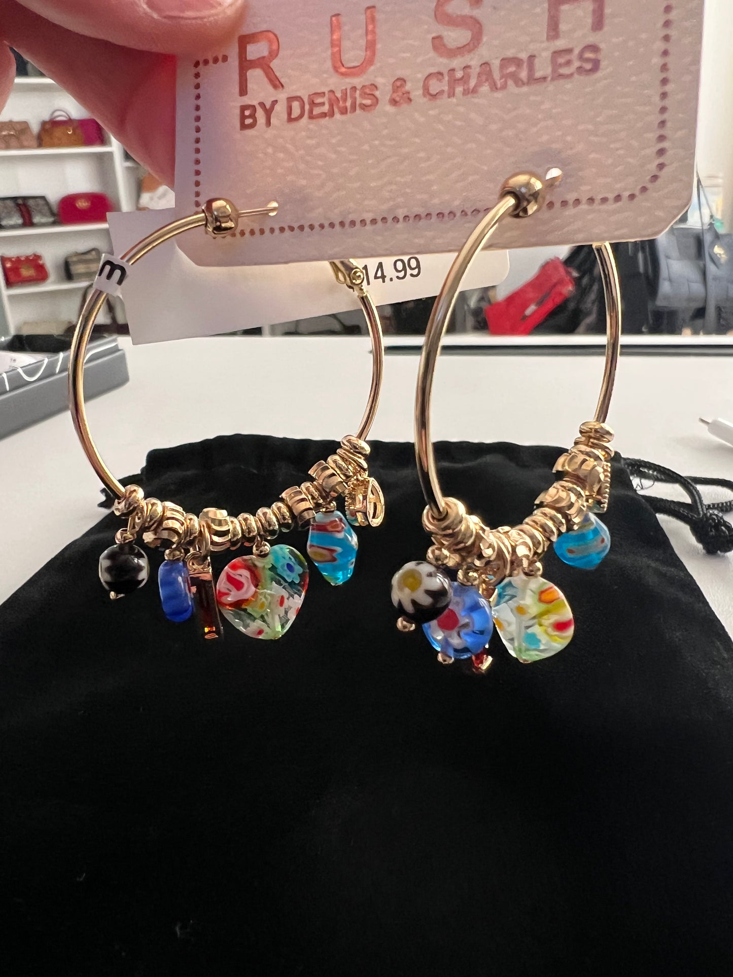 Gold Toned Multicolor Hoop Earrings w/ Charms