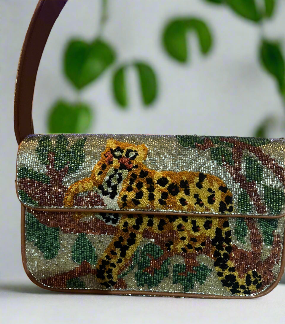 Staud Tommy Beaded Bag with Leopard