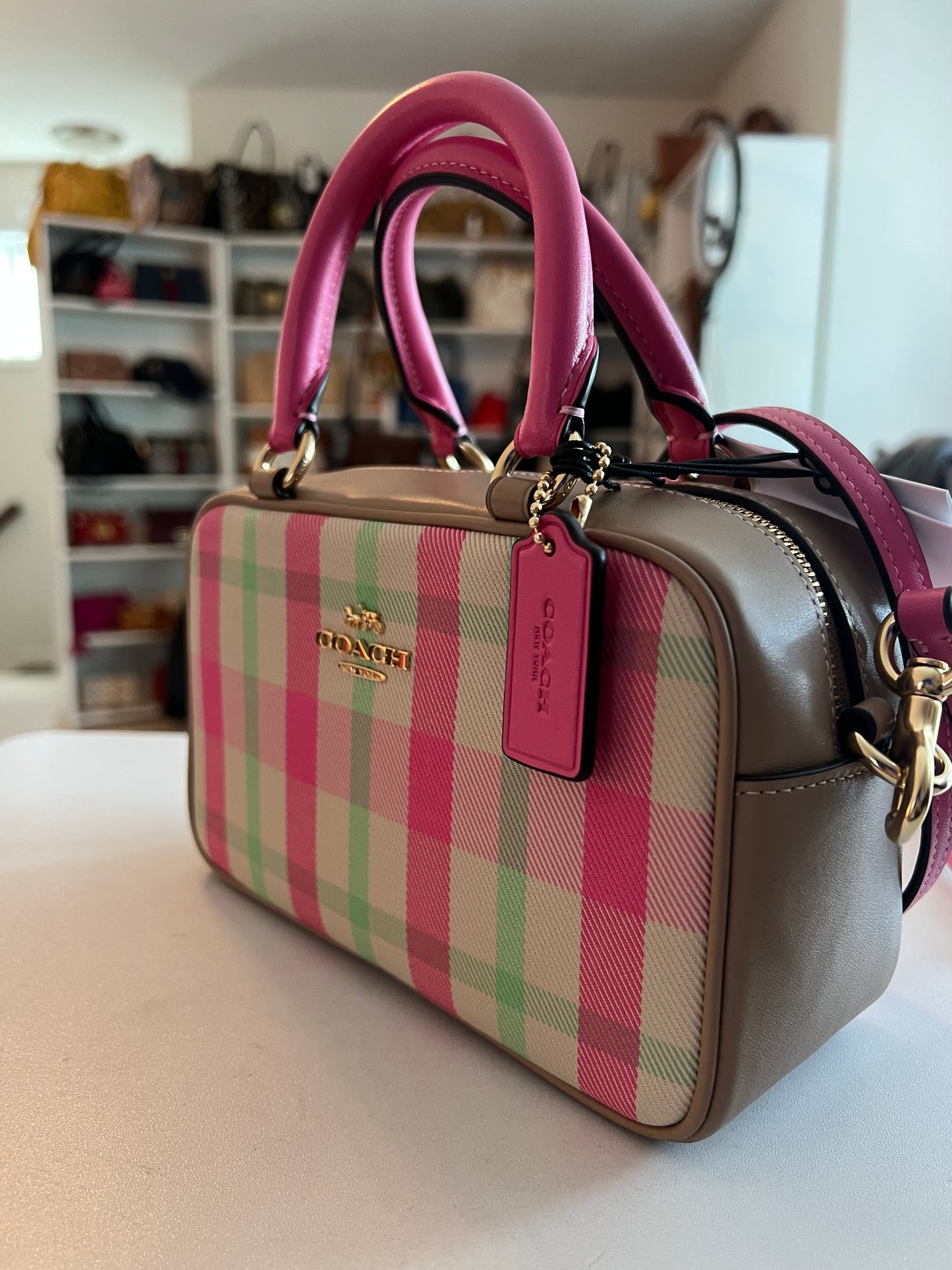 Coach Satchel Crossbody Pink Leather and Plaid