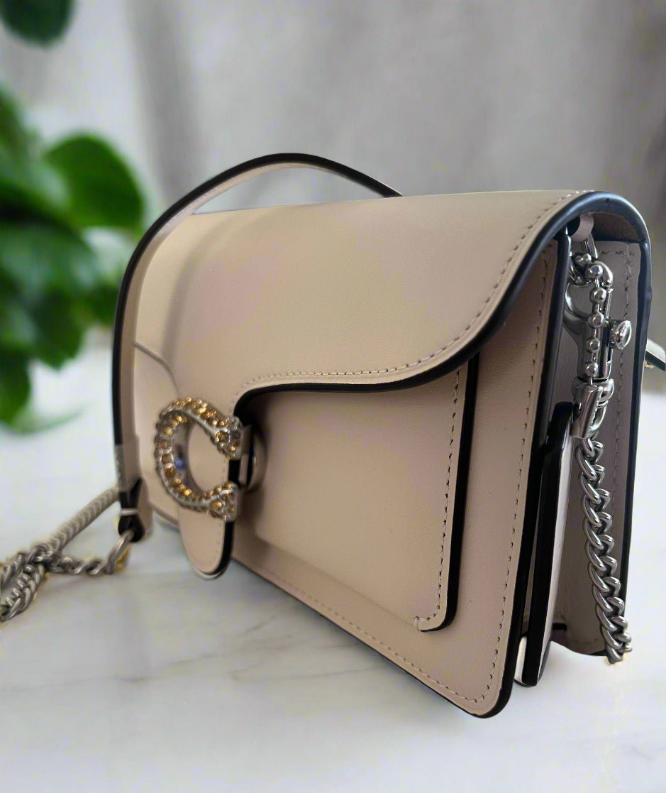 Coach Small Tabby Chain Clutch w/ Crystal Logo in Chalk