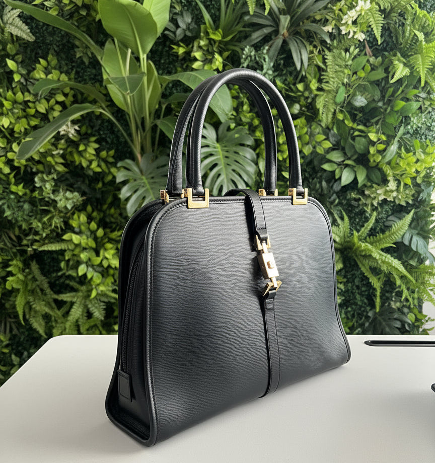 Gucci Vintage Black Leather Piston Lock Jackie