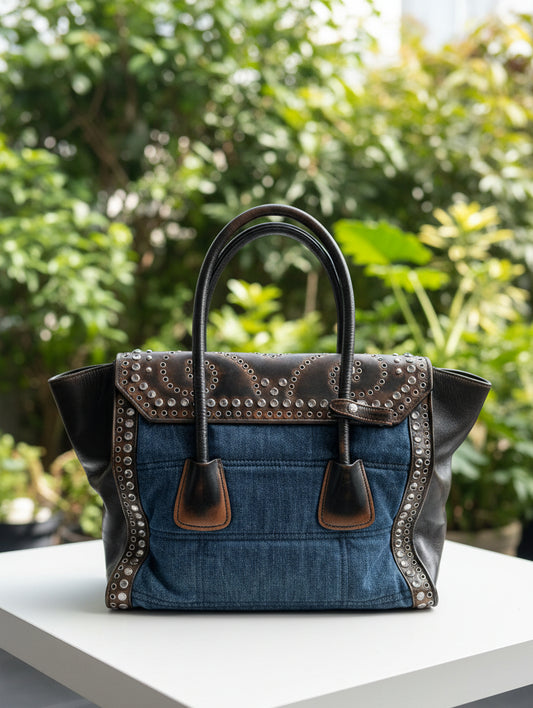 Prada Denim & Leather Studded Satchel