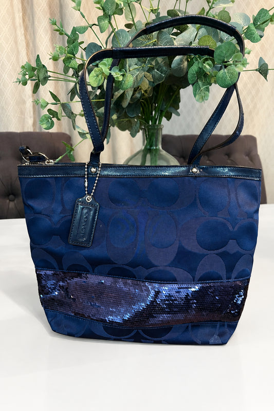Coach Blue Sequin Stripe Signature Tote