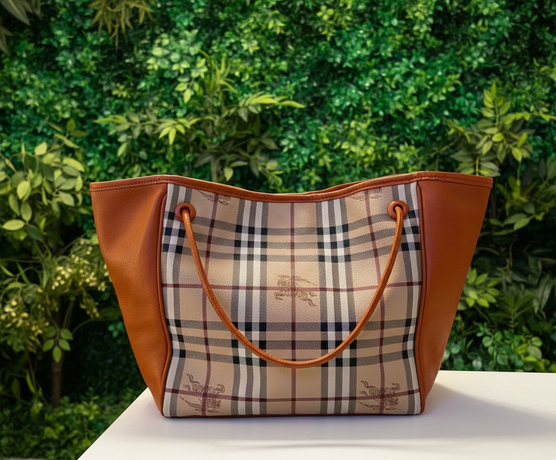 Burberry Haymarket Check Orange Leather Tote