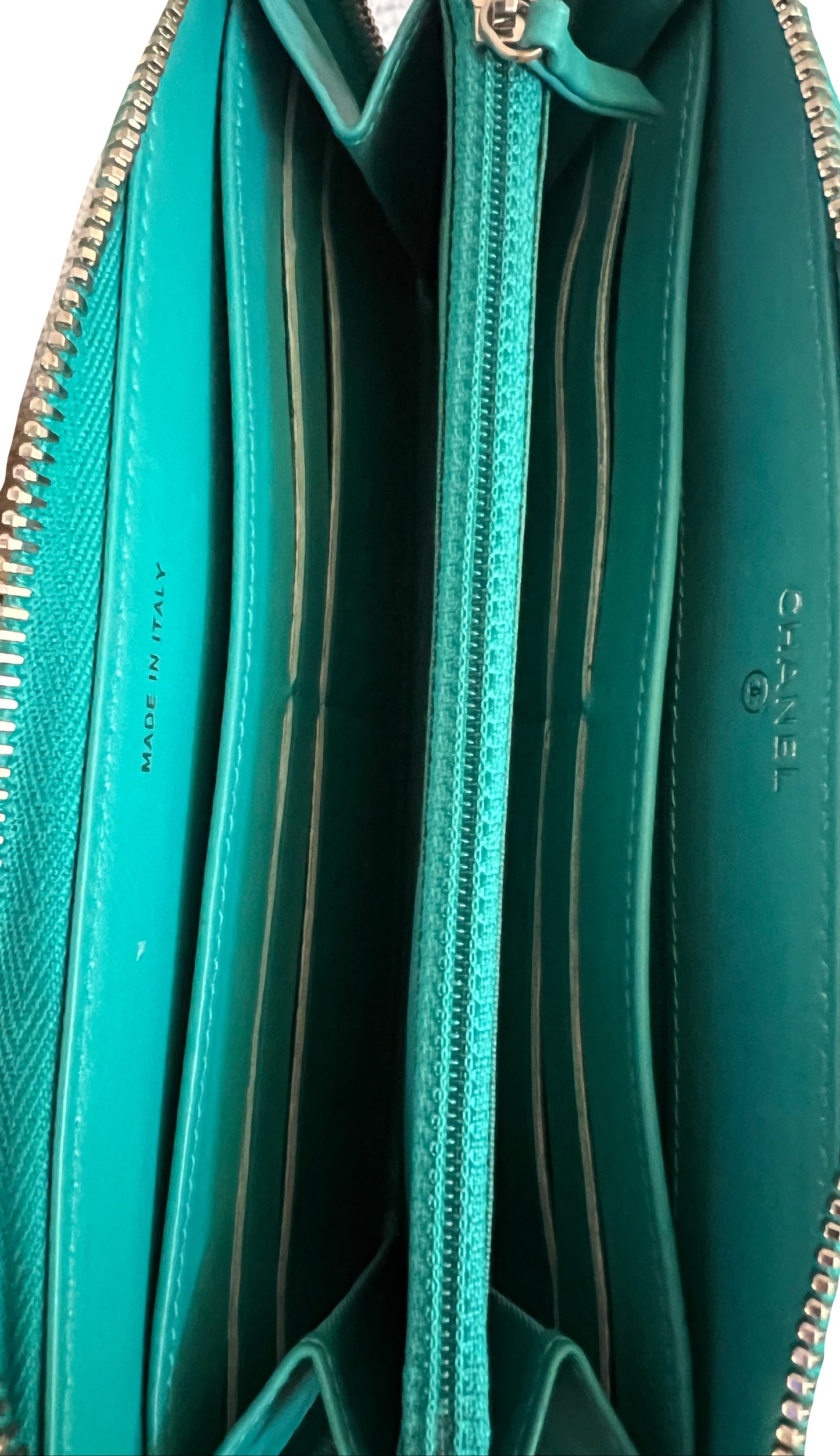 Chanel Quilted Lambskin Teal Zip Around Wallet
