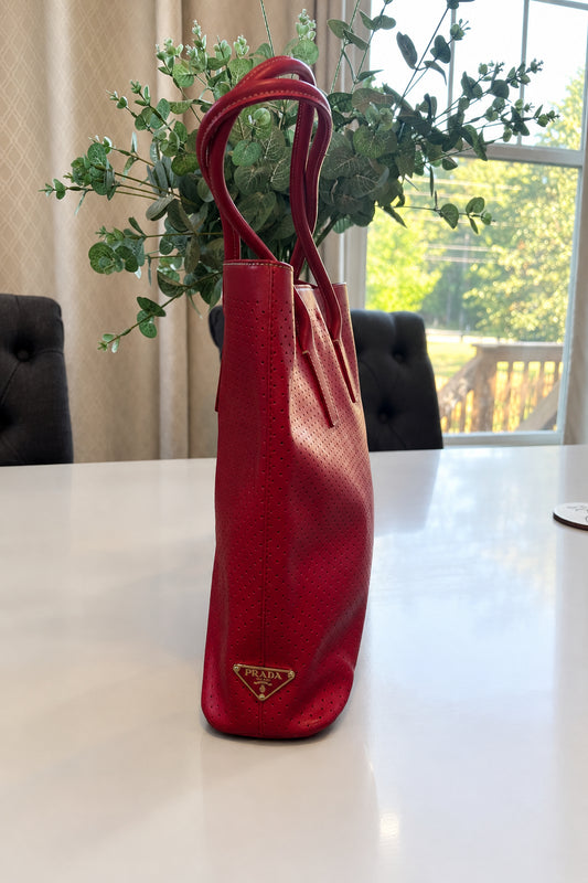 Prada Perforated Red Leather Tote