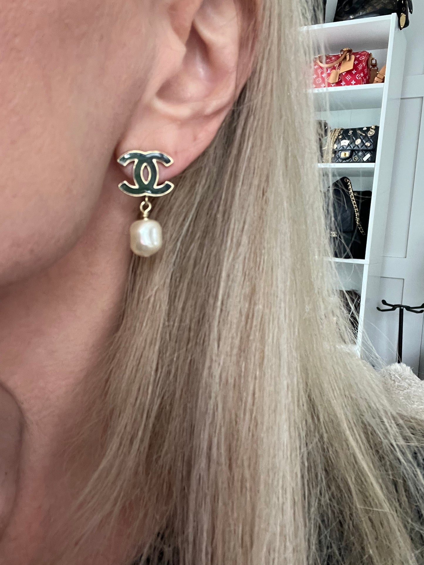 Chanel Black CC and Pearl Drop Earrings