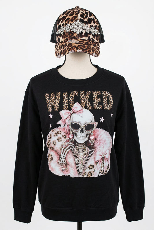 Wicked Skeleton Blingy Rhinestone Graphic Black Sweatshirt