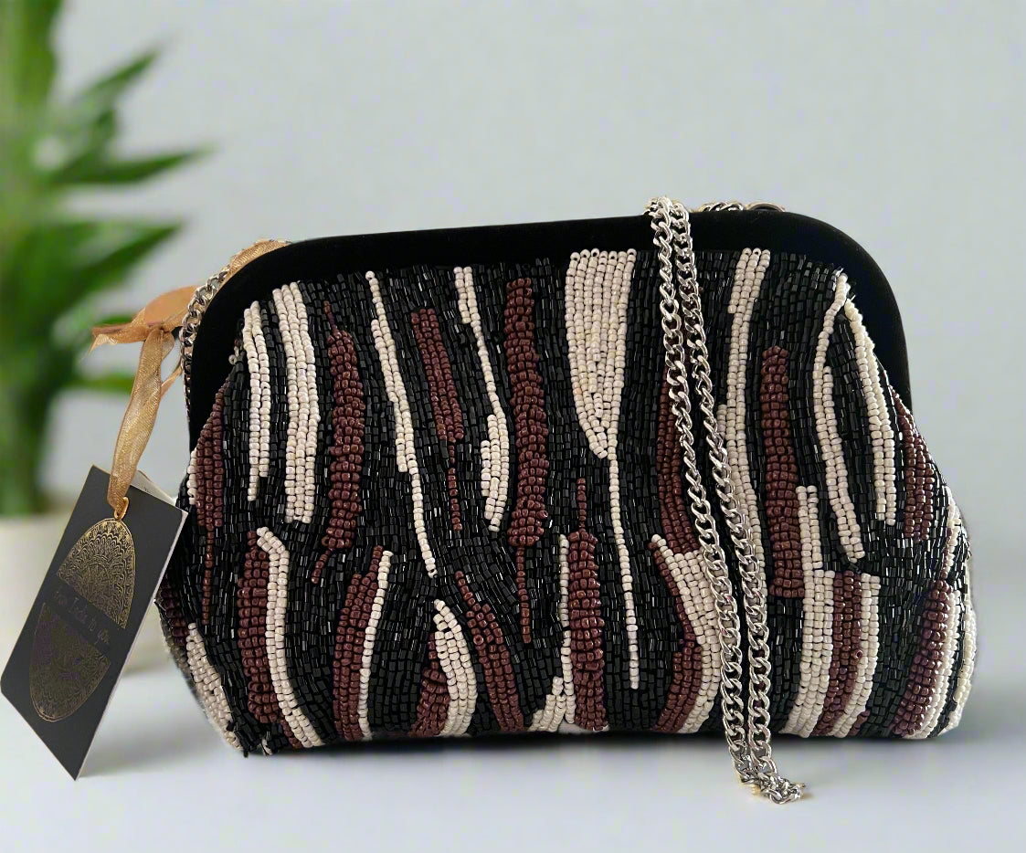 Striped Beaded Clutch with Crossbody Chain