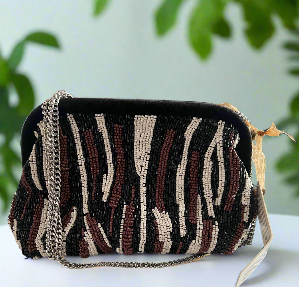 Striped Beaded Clutch with Crossbody Chain