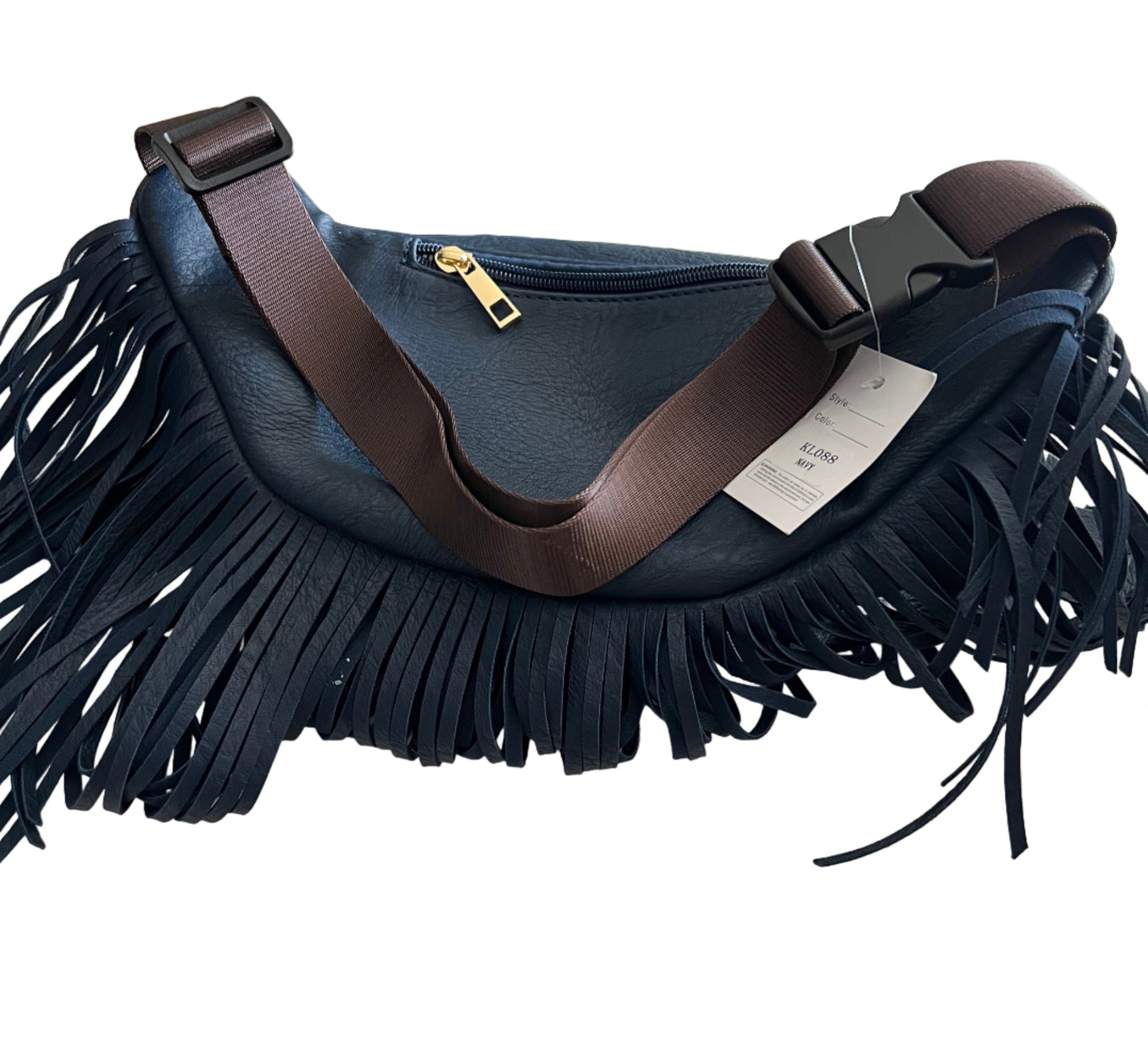 Navy Leather Belt Bag with Fringe