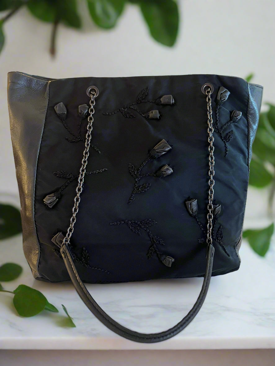Prada Embellished Roses Nylon Tote