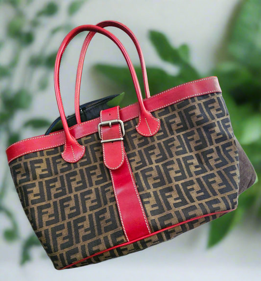 Fendi Zucca Print Red Leather Buckle Tote