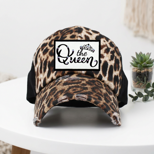 Queen Rhinestone Graphic Patch Leopard Print Cap