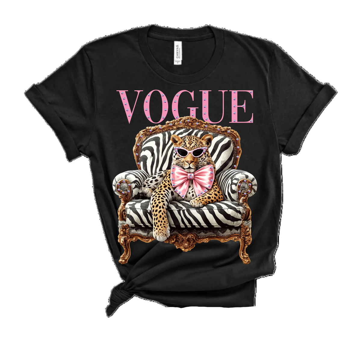 Leopard with Pink Bow Blingy Rhinestone Graphic Tee