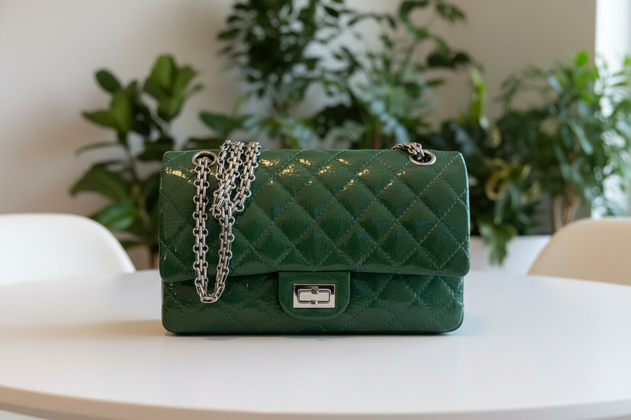 Chanel Distressed Patent Leather Green Double Flap 2.55 Reissue