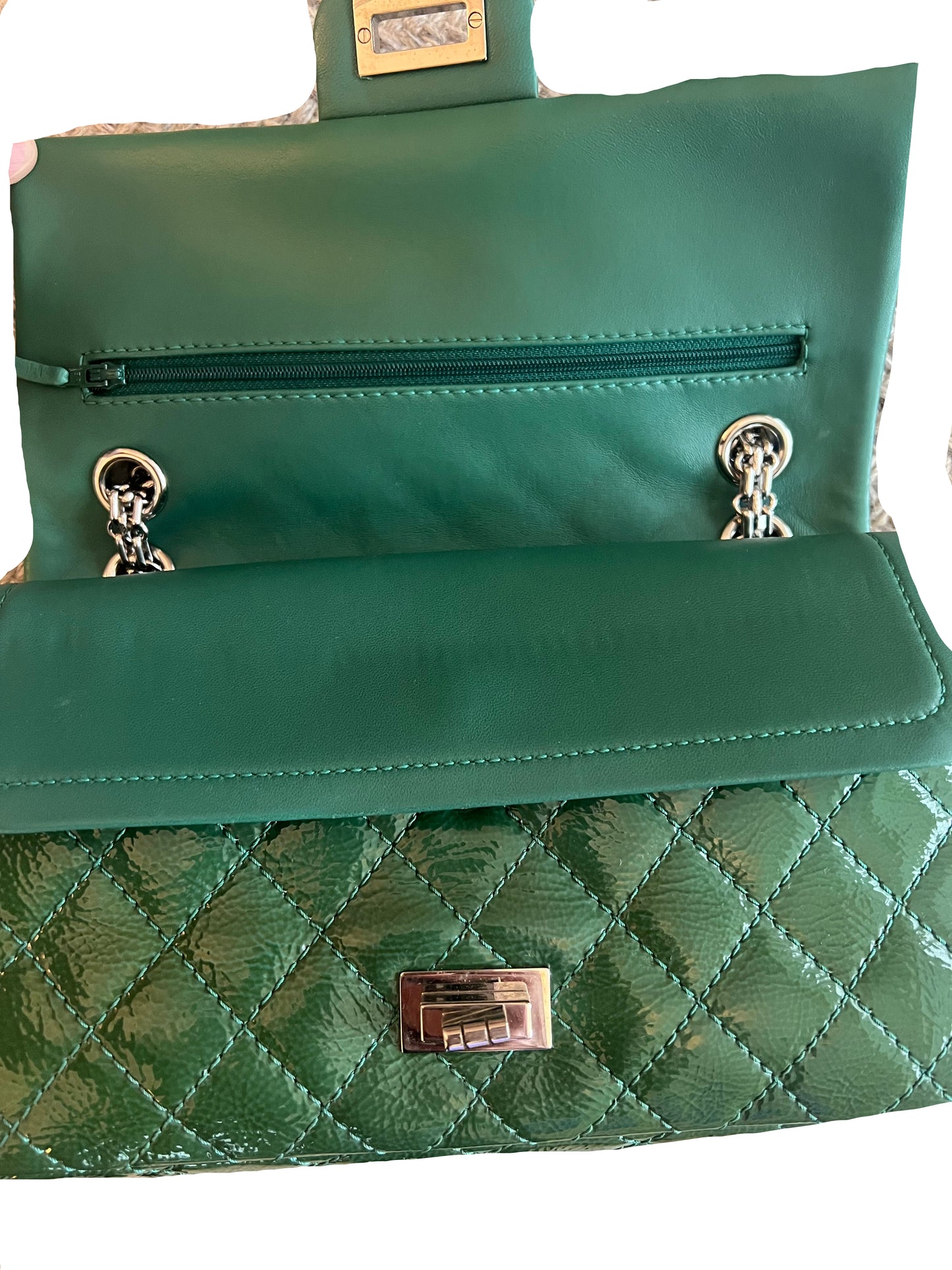 Chanel Distressed Patent Leather Green Double Flap 2.55 Reissue