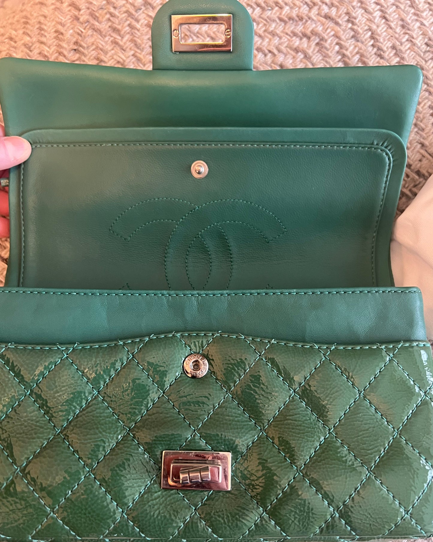 Chanel Distressed Patent Leather Green Double Flap 2.55 Reissue