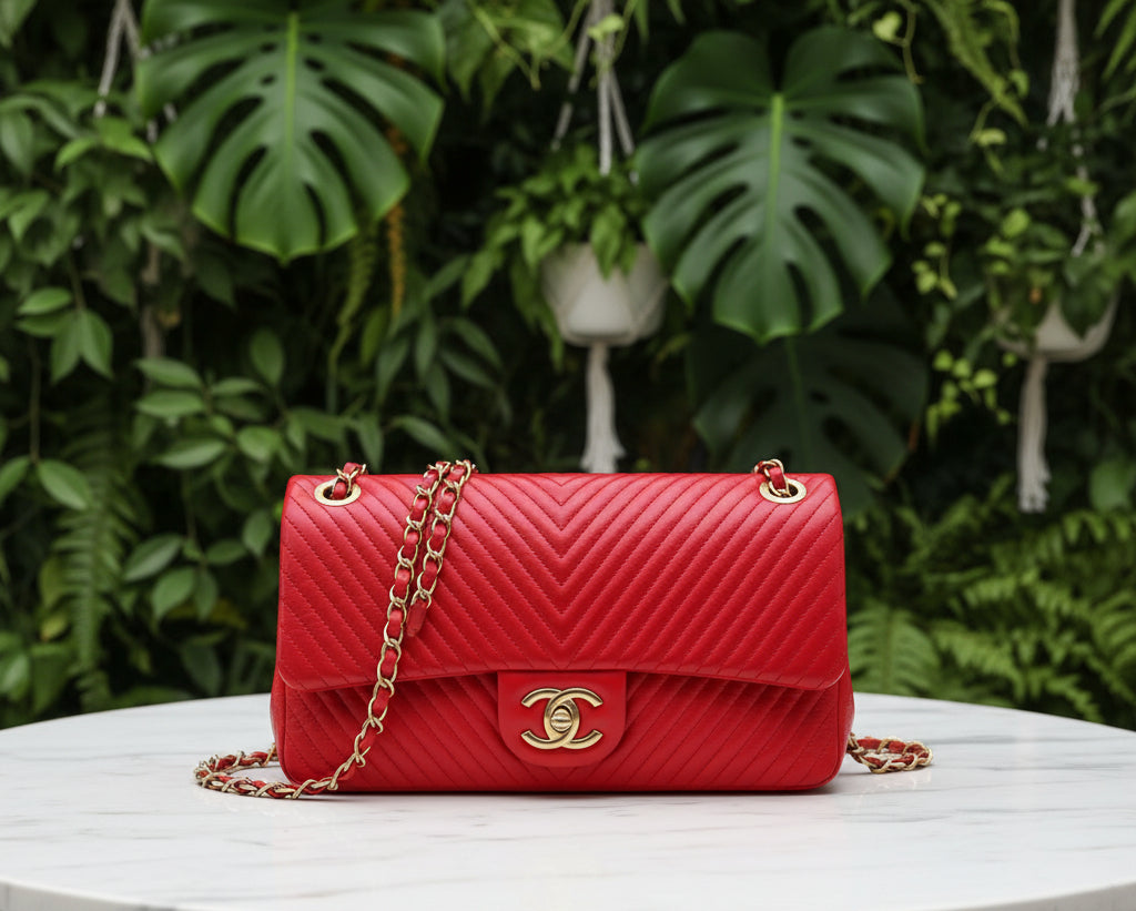 Chanel Red Chervron Crinkled Calfskin Flap Bag