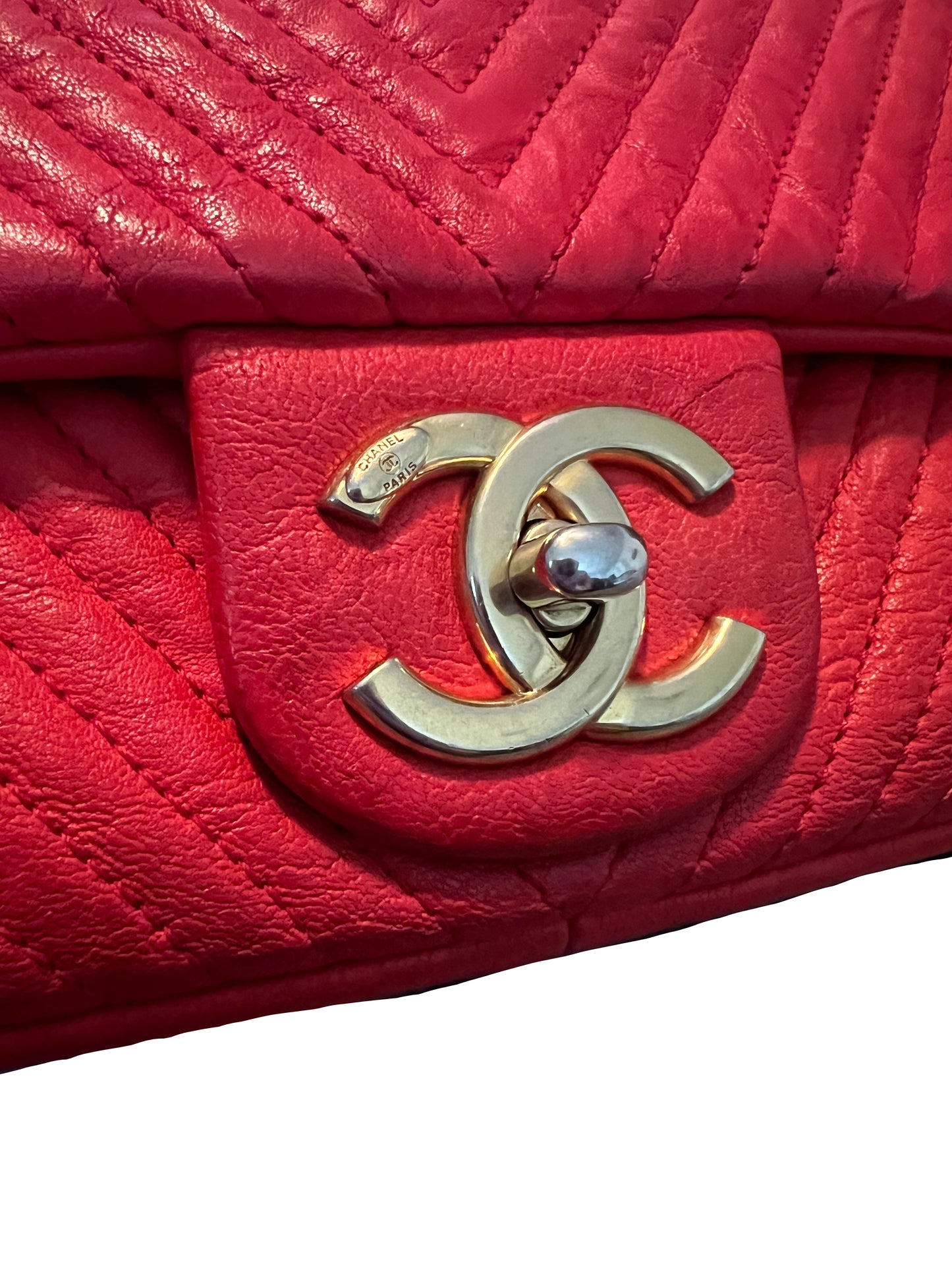 Chanel Red Chervron Crinkled Calfskin Flap Bag