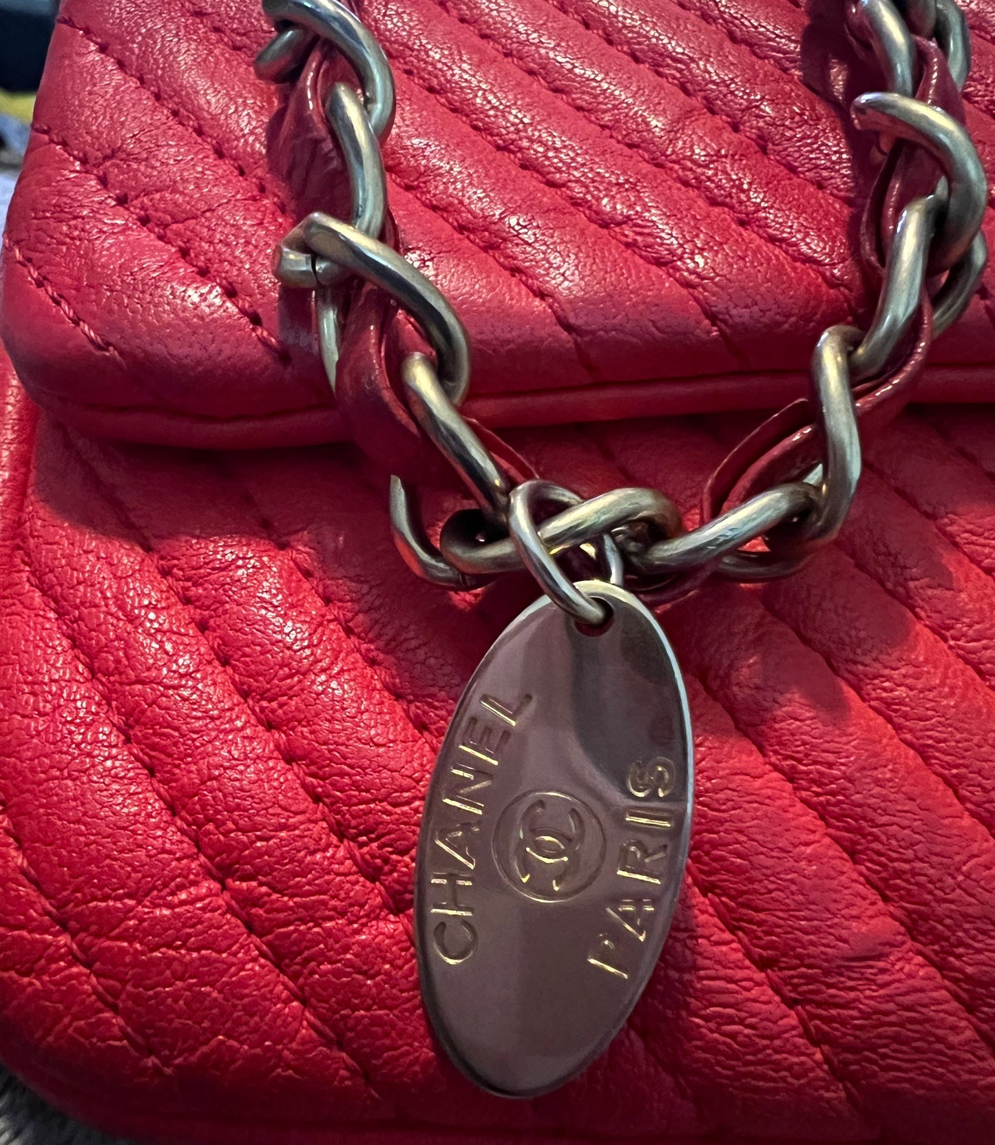 Chanel Red Chervron Crinkled Calfskin Flap Bag