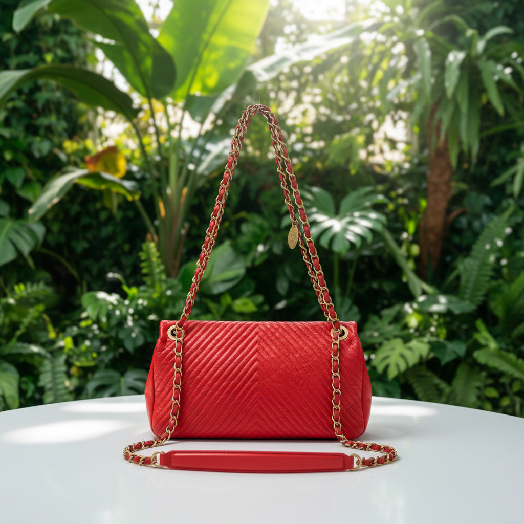 Chanel Red Chervron Crinkled Calfskin Flap Bag