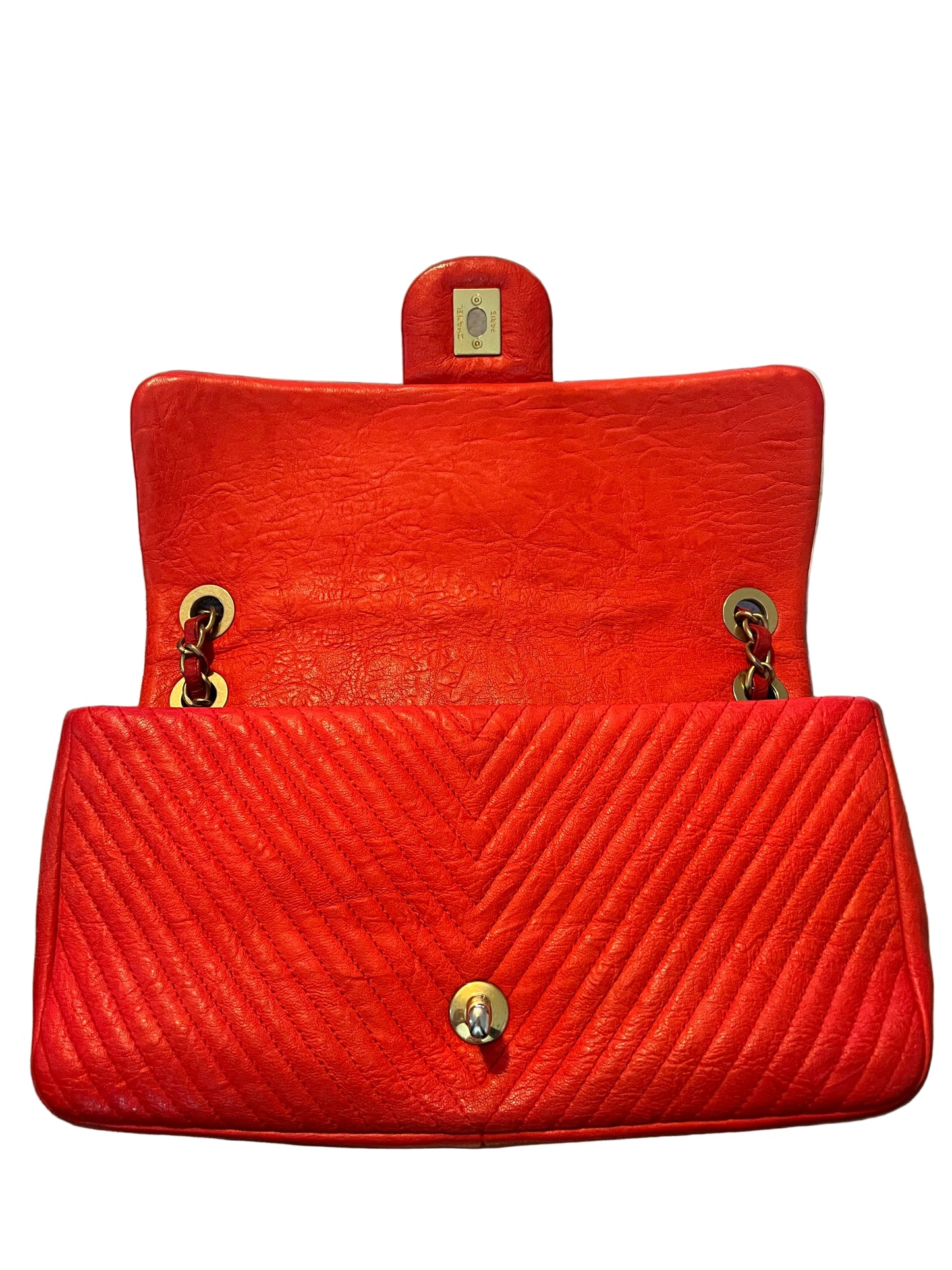 Chanel Red Chervron Crinkled Calfskin Flap Bag