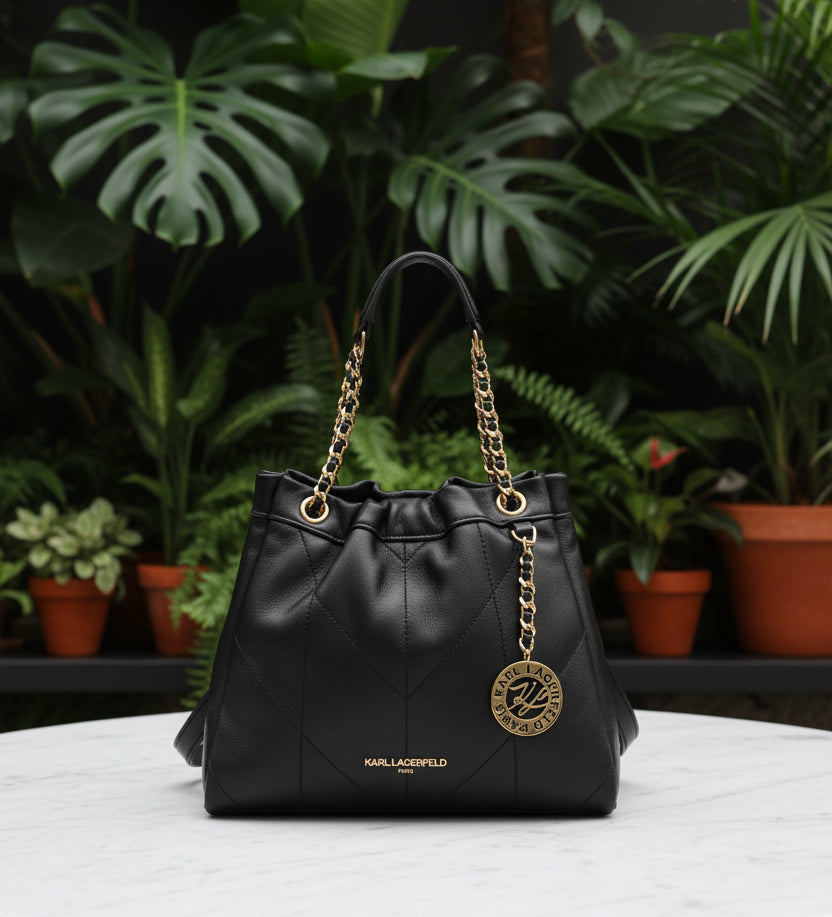 Karl Lagerfeld Black Quilted Leather Bucket Bag