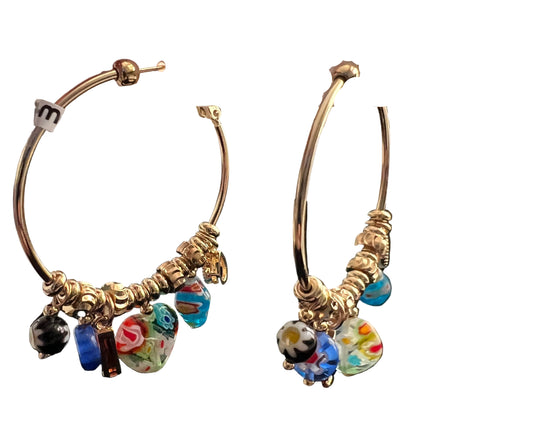 Gold Toned Multicolor Hoop Earrings w/ Charms