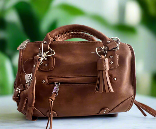 SM Faux Leather Brown Satchel w/ Dog Charm