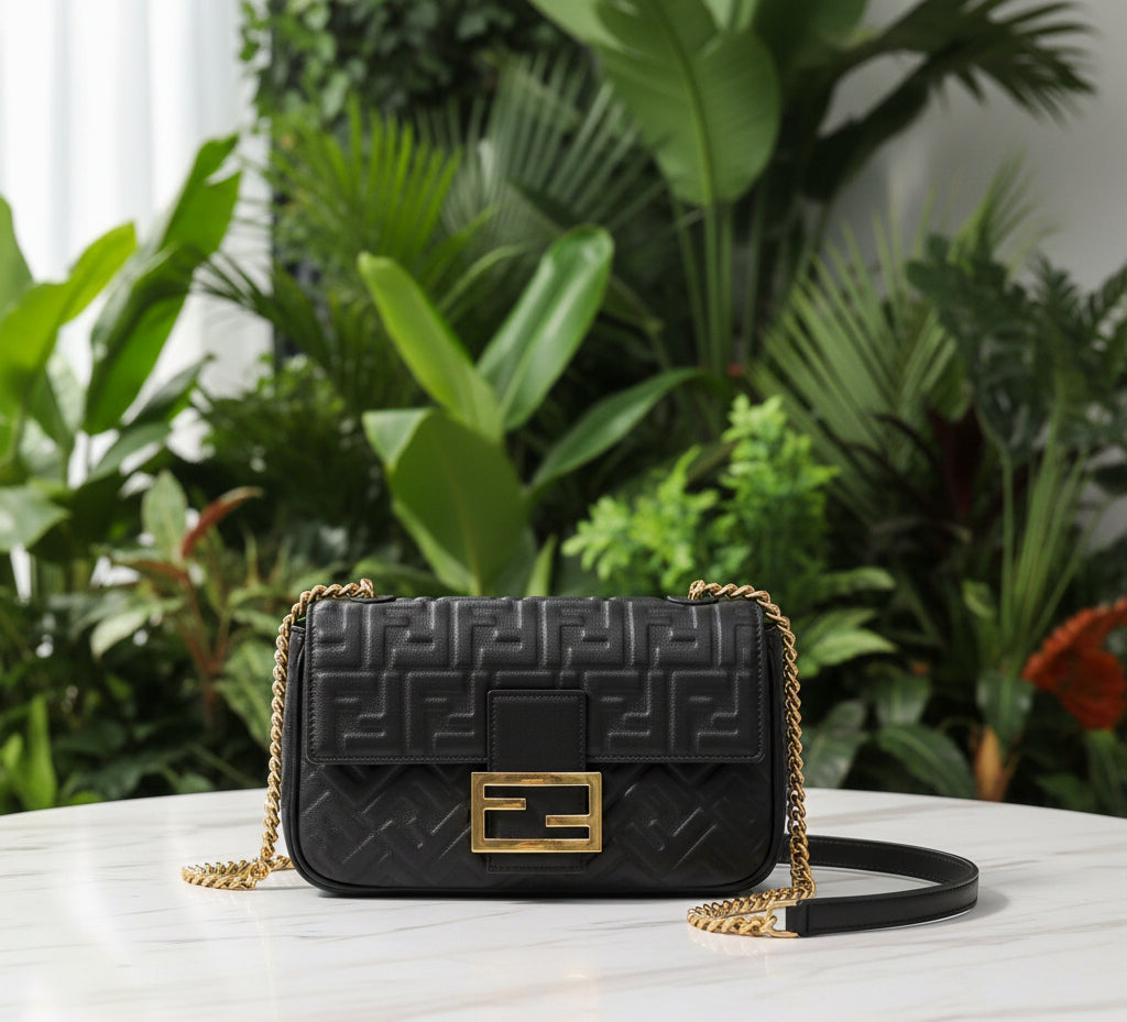 Fendi Embossed Black Leather Midi Chain Baguette