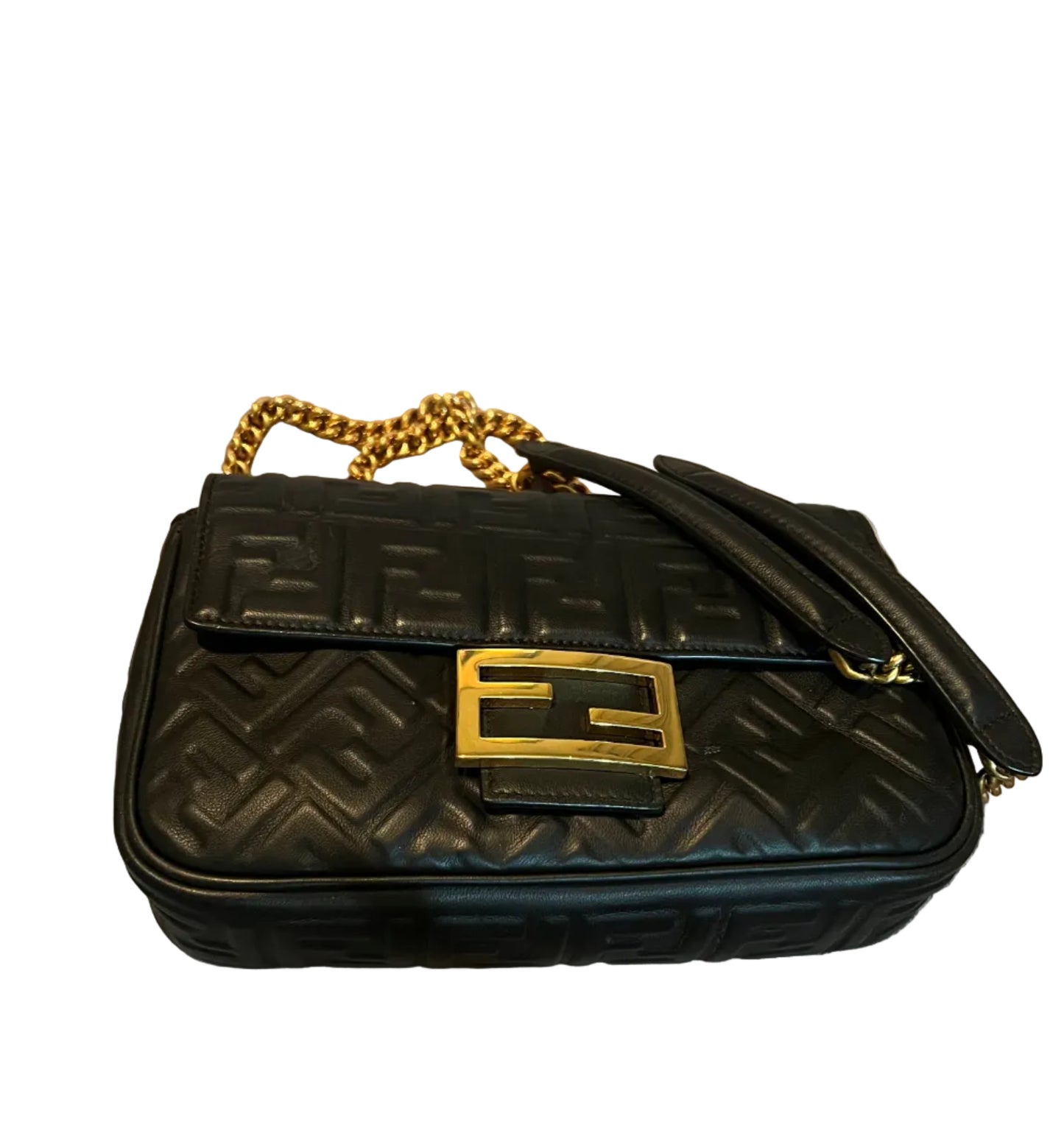 Fendi Embossed Black Leather Midi Chain Baguette