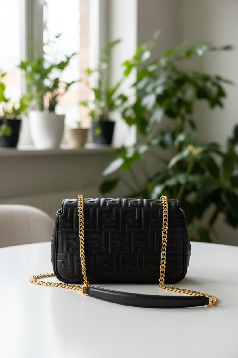 Fendi Embossed Black Leather Midi Chain Baguette