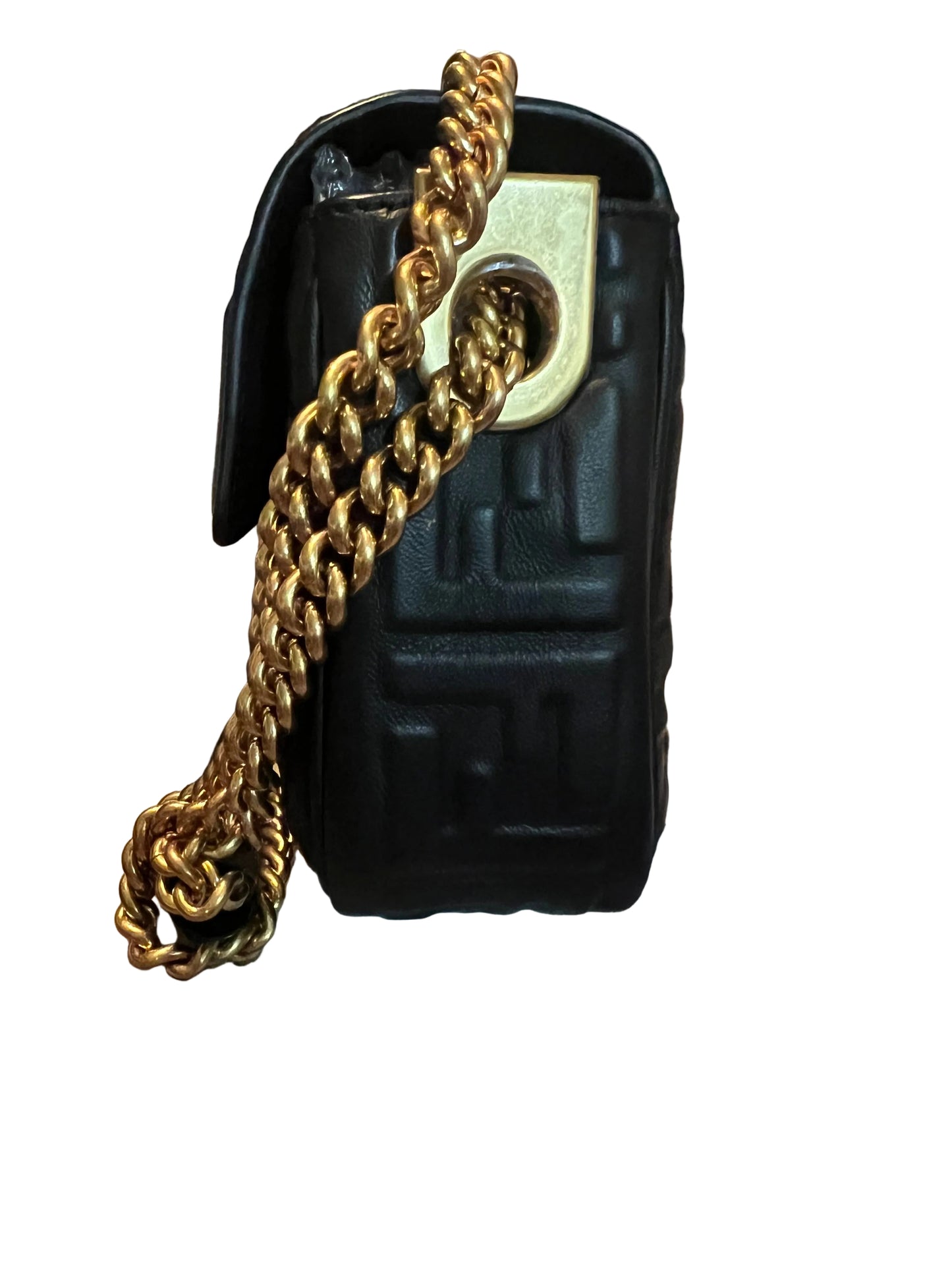 Fendi Embossed Black Leather Midi Chain Baguette