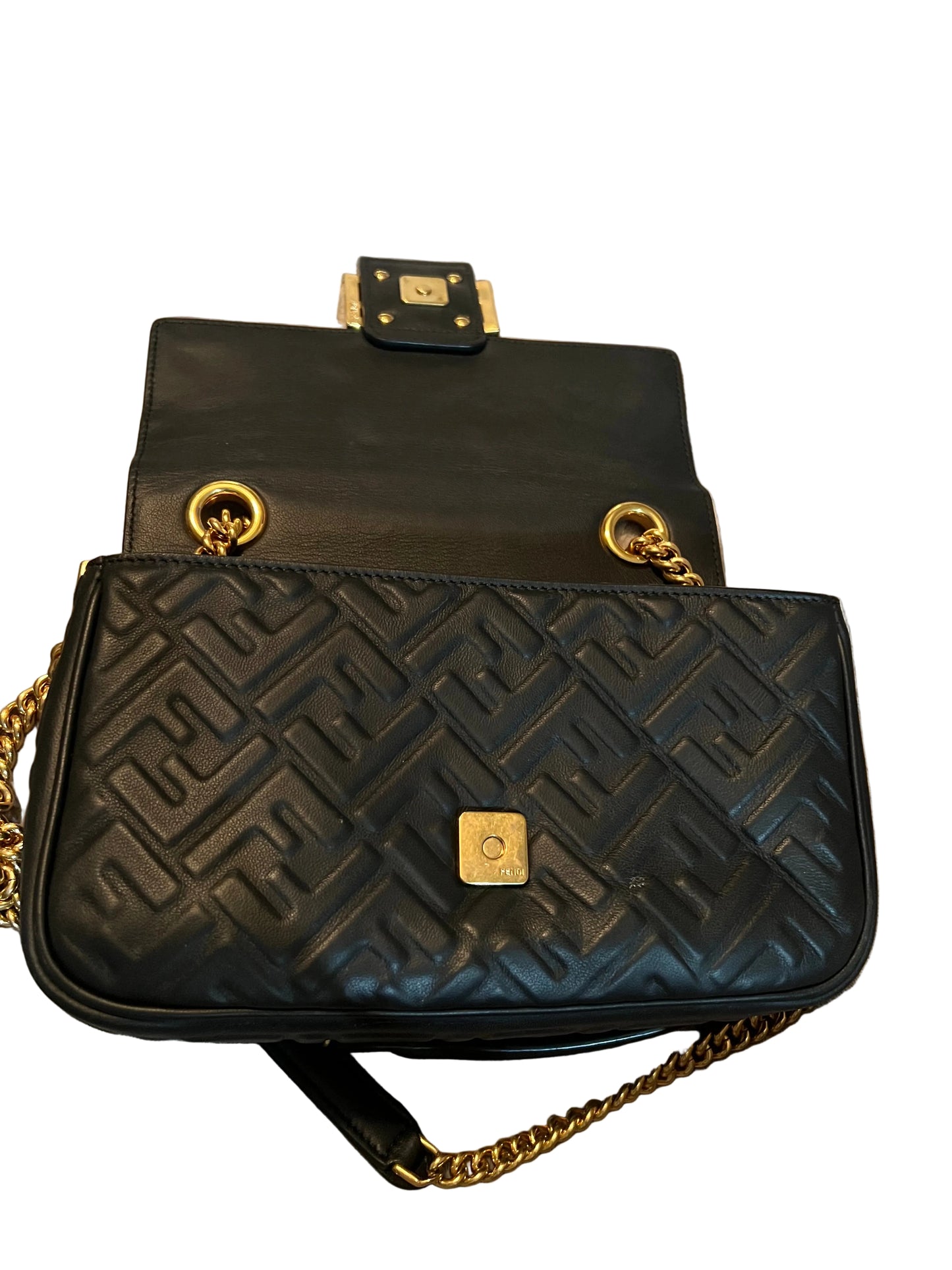 Fendi Embossed Black Leather Midi Chain Baguette