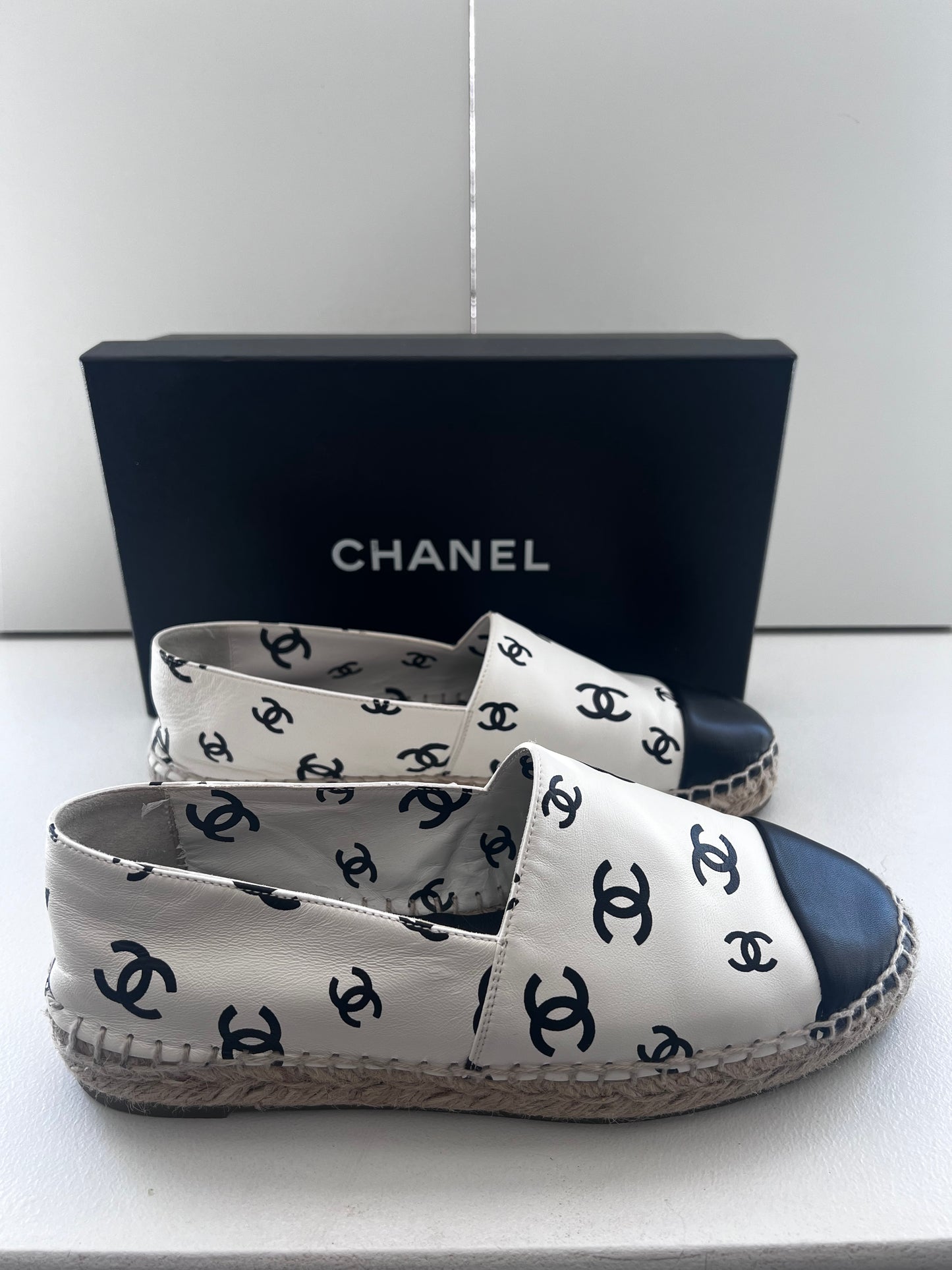 Chanel Leather White & Black Espadrilles