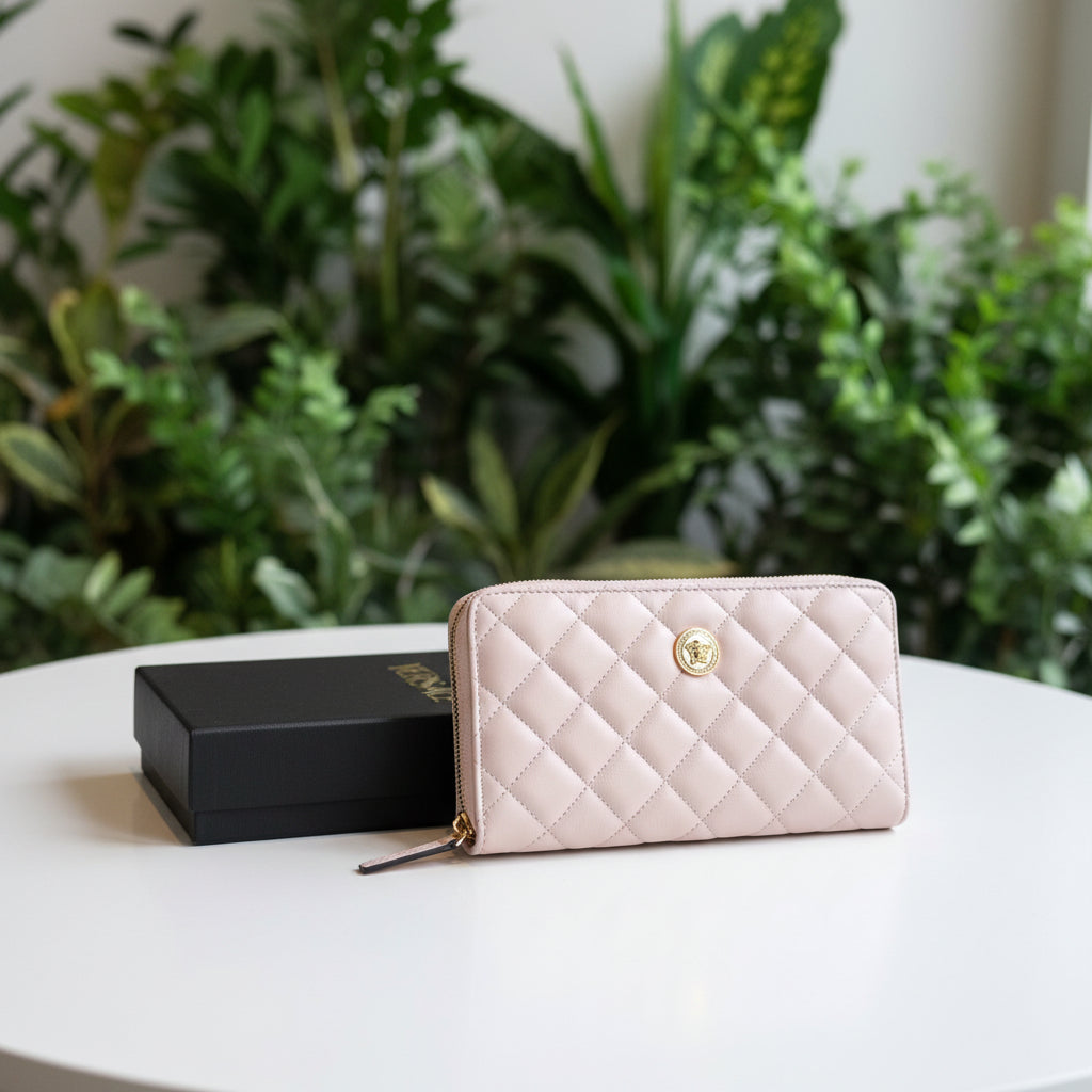 Versace Pink Quilted Leather Medusa Zip Wallet