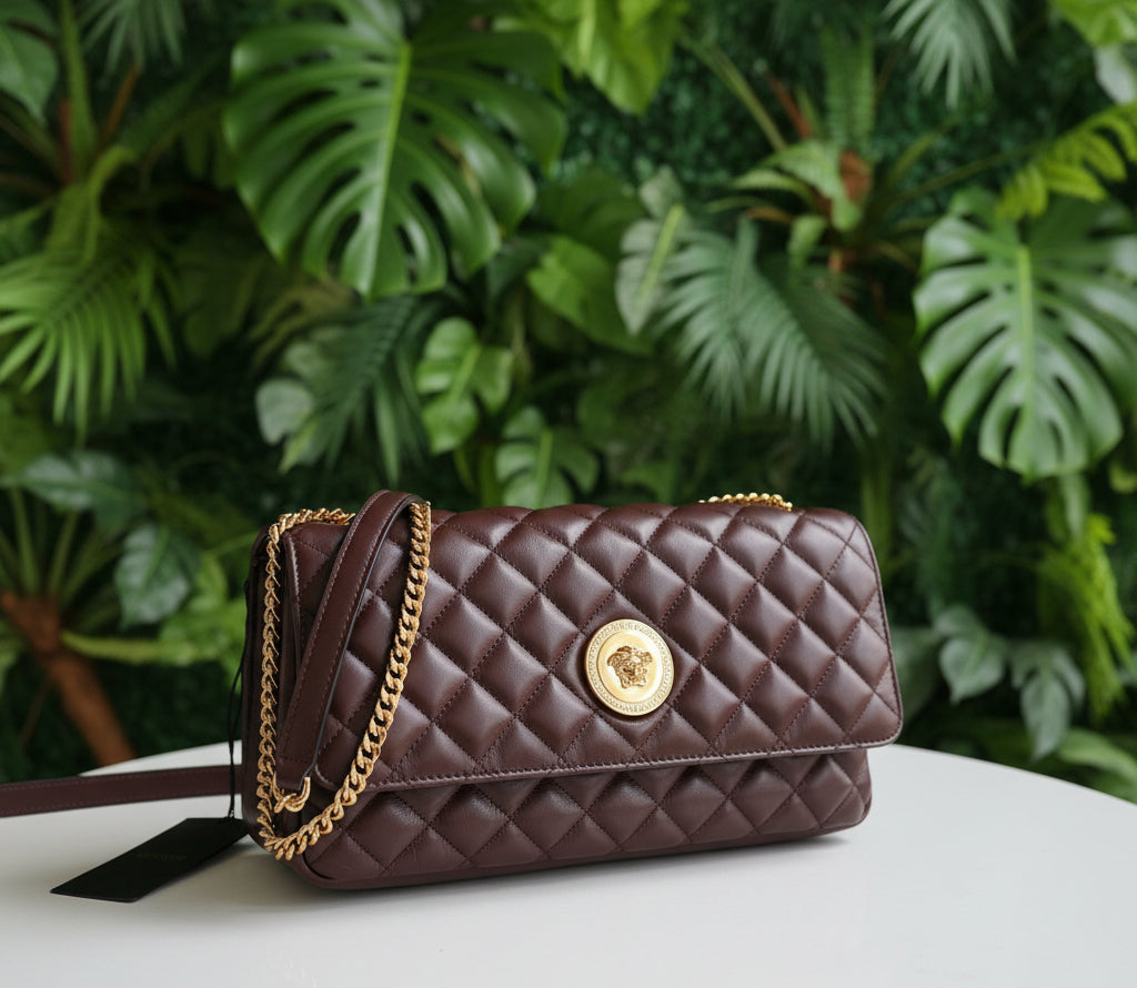 Versace Dark Brown Quilted Leather Shoulder Bag