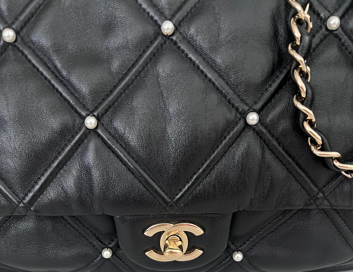 Chanel Quilted Lambskin Pearl Studded Flap
