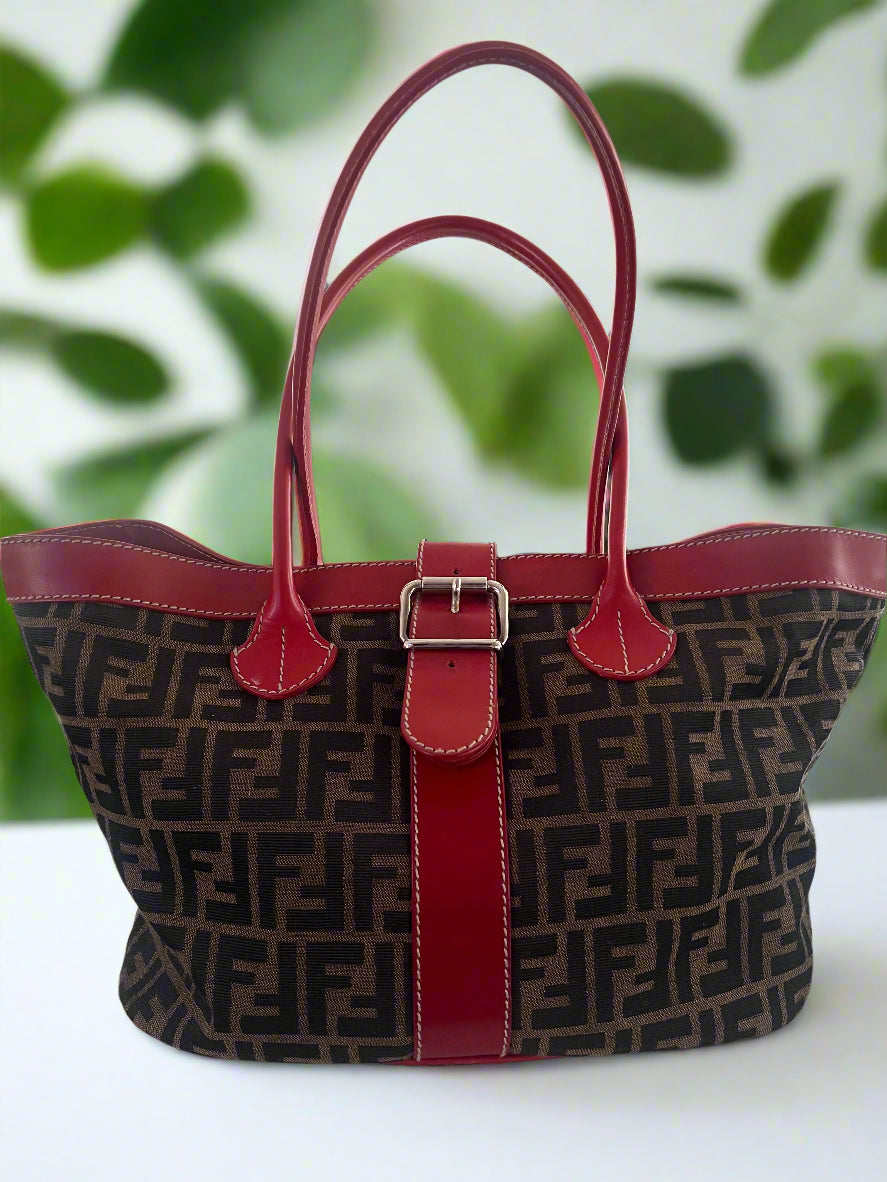 Fendi Zucca Print Red Leather Buckle Tote