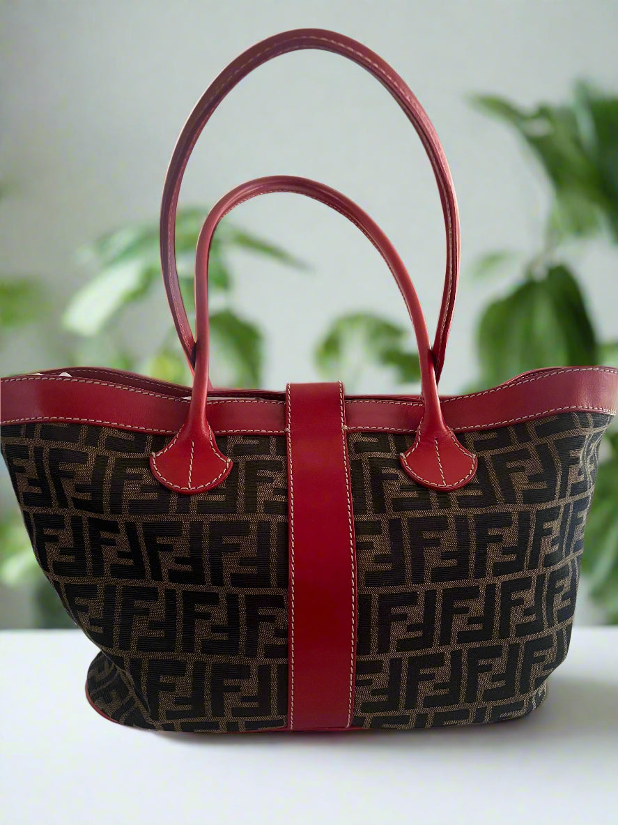 Fendi Zucca Print Red Leather Buckle Tote