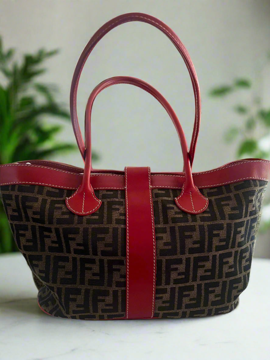 Fendi Zucca Print Red Leather Buckle Tote