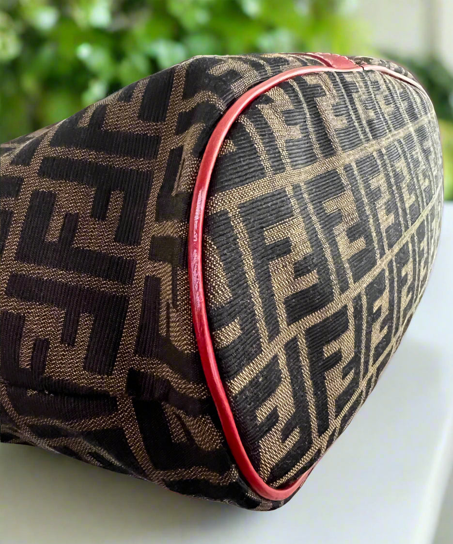 Fendi Zucca Print Red Leather Buckle Tote