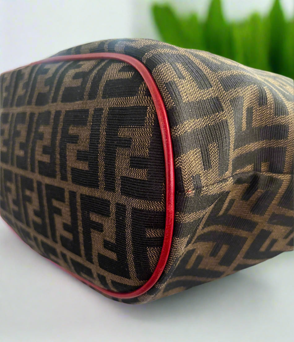 Fendi Zucca Print Red Leather Buckle Tote