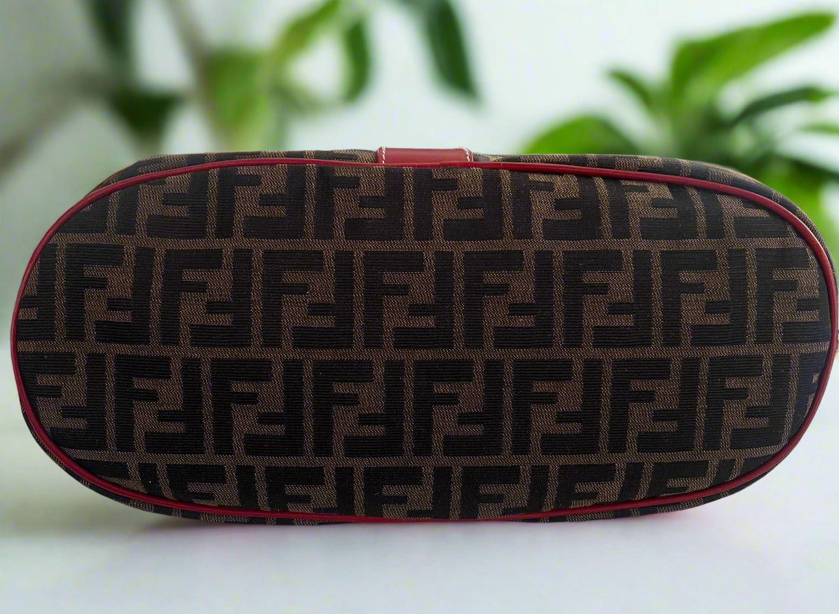Fendi Zucca Print Red Leather Buckle Tote