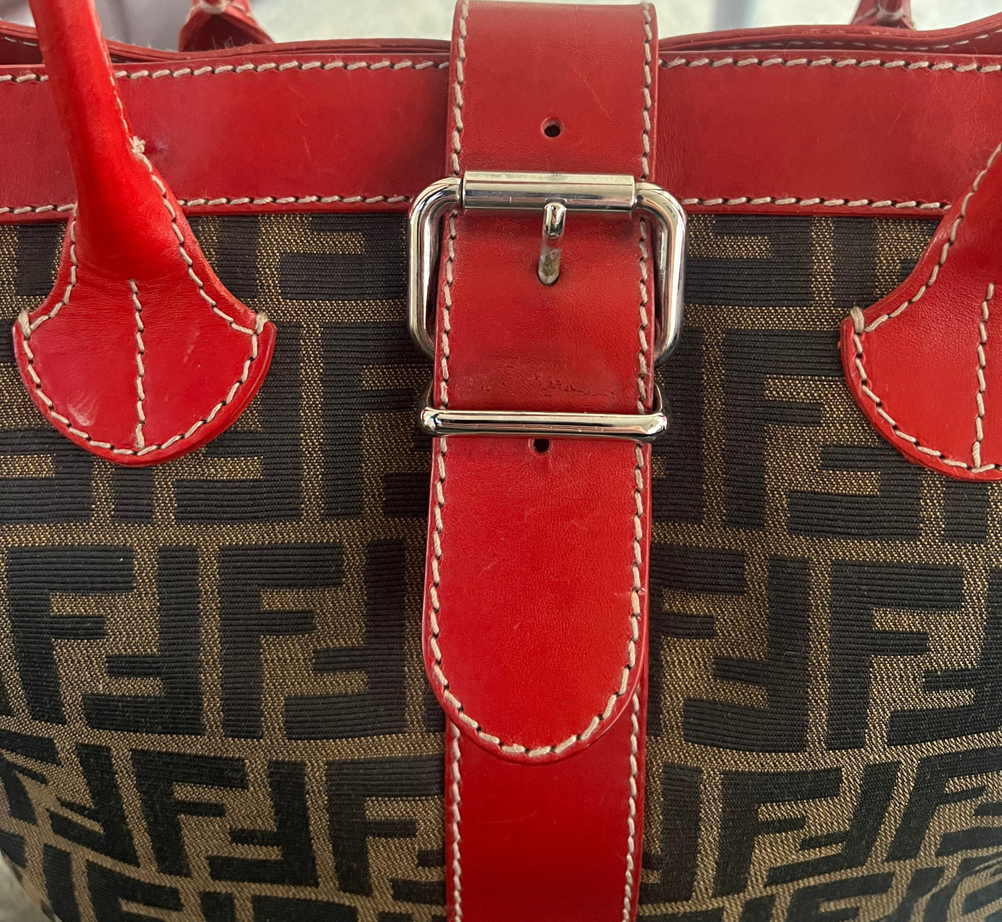 Fendi Zucca Print Red Leather Buckle Tote