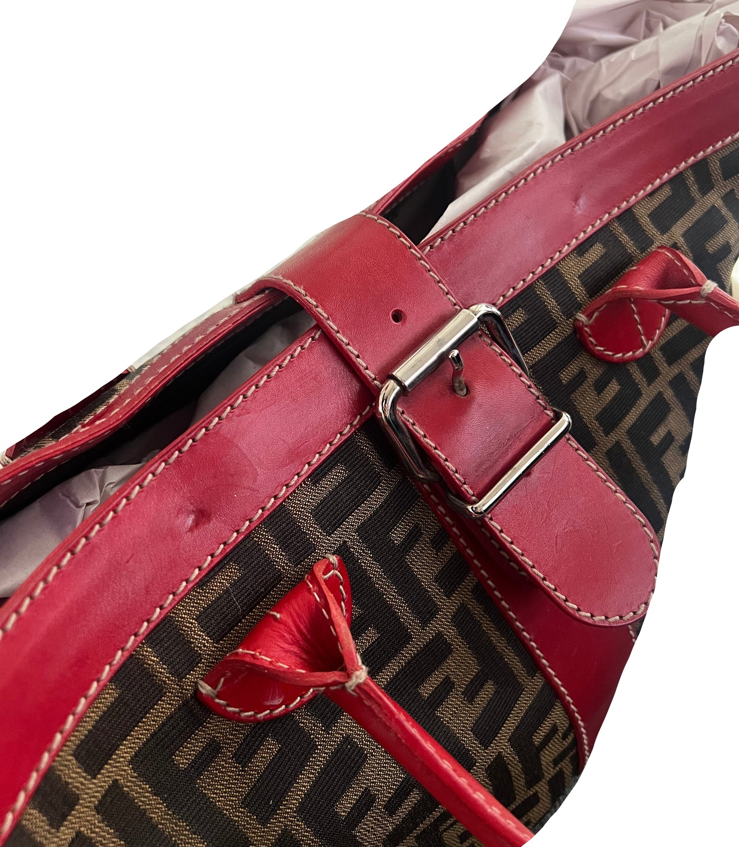 Fendi Zucca Print Red Leather Buckle Tote