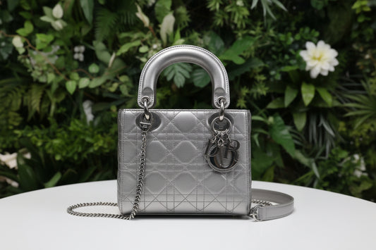 Dior Mini Quilted Metallic Silver Lady Dior
