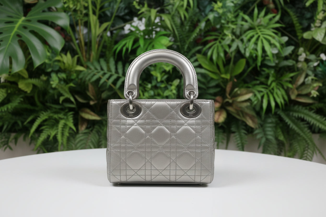 Dior Mini Quilted Metallic Silver Lady Dior